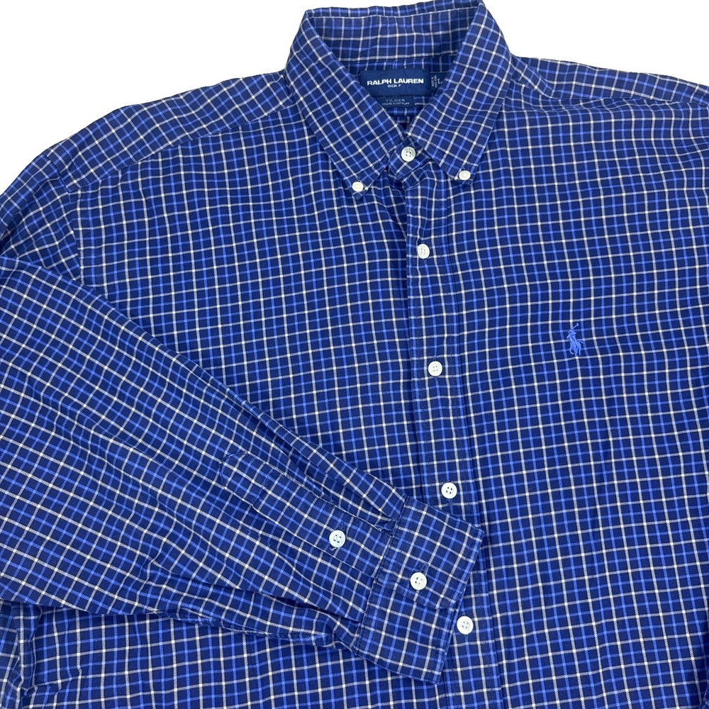 Vintage Ralph Lauren Golf Shirt Men's L Blue Check Long Sleeve Cotton Tilden